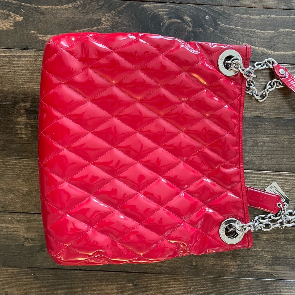 Coach Red Patent Quilted Shoulder Bag with Chain Straps - Picture 10 of 11